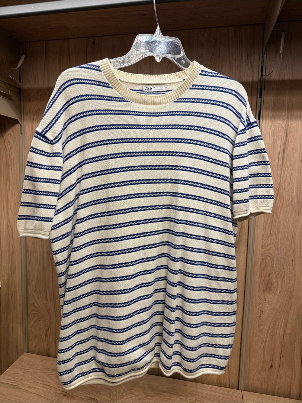 Zara Cream and Navy Striped Crewneck Sweater
